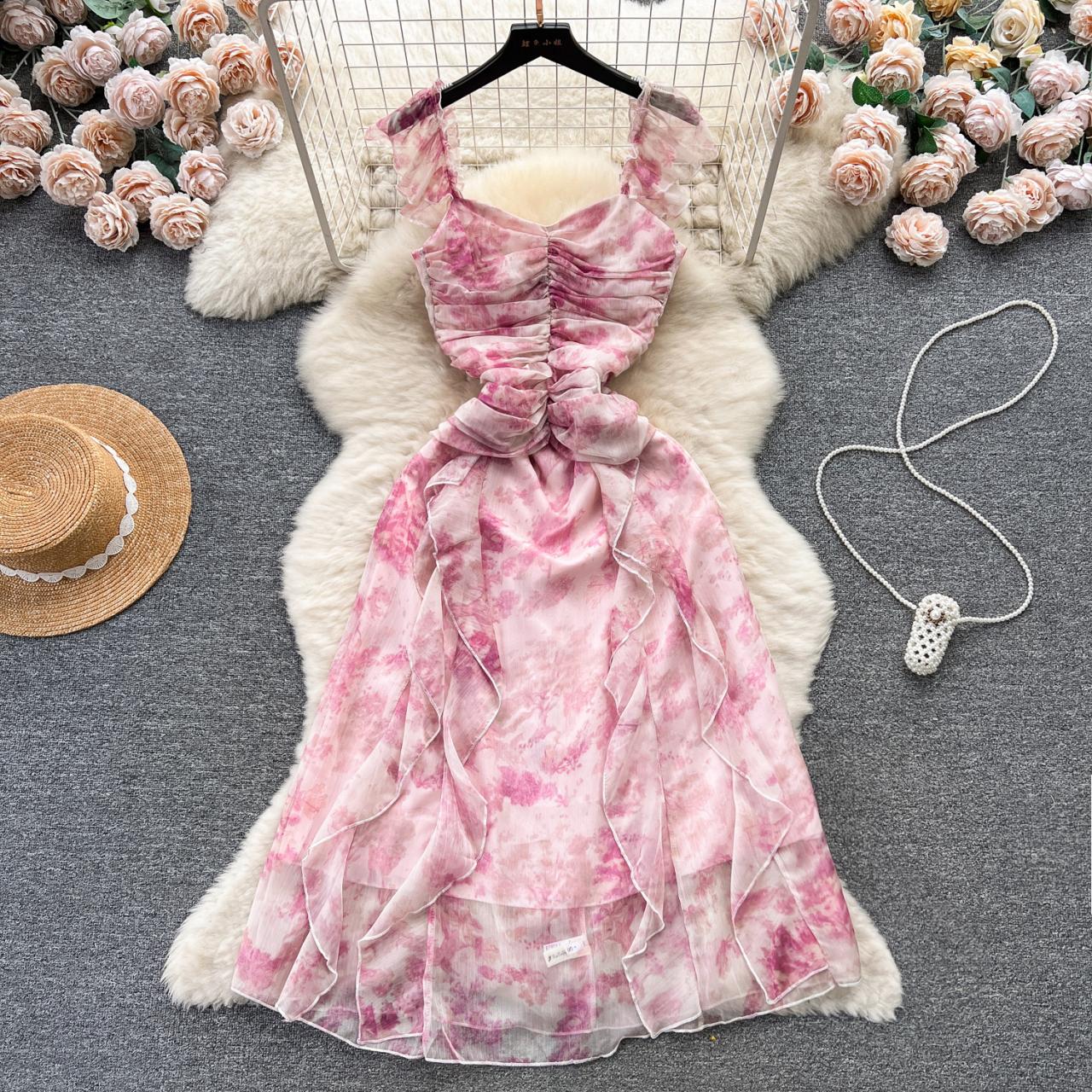 French Floral Fly-sleeve Ruffle Dress