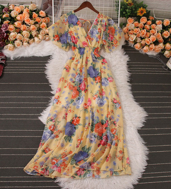 Short Sleeved Printed V-neck Chiffon Dress