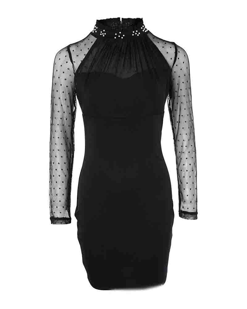black dress with sheer polka dot sleeve 1960s Black Mini Dress With Sheer Polka Dot Sleeves