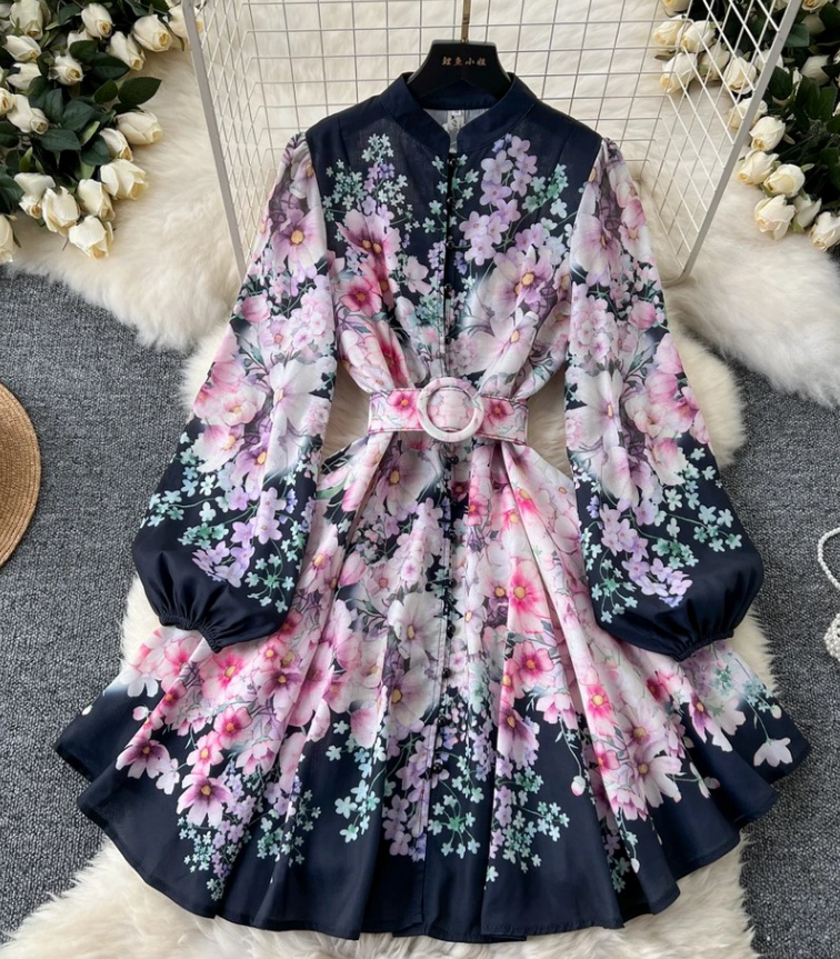 navy blue dress for baby girl Floral Belted A Line Midi Dress | Shirt Dress