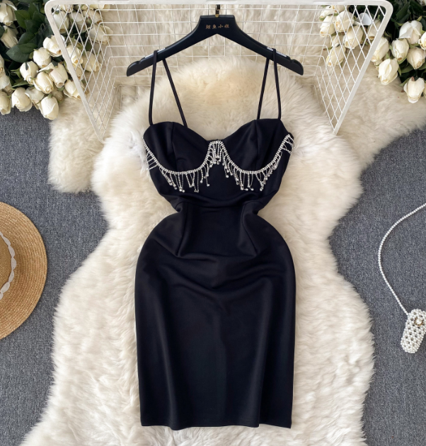 Black Bodycon Dress With Rhinestone Chain Detail