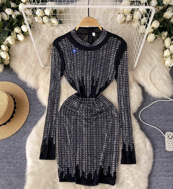 knee length dresses for ladies Sheer Embellished Long Sleeve A-Line Mini Dress in Deep Cocoa 2 main image 1