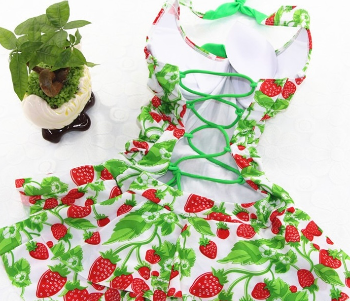 strawberry halter swim dress Women Strawberry Swim Dress, Vintage Strawberry Print Halter Swimsuit, Strawberry Swimsuit