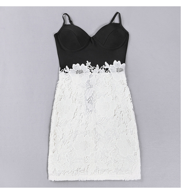Black And White Stitching Lace Halter Dress VG03