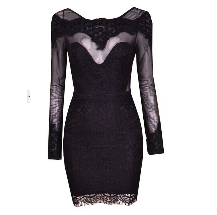 Sexy Round Neck Long-sleeved Lace Stitching Package Hip Dress Gh40218ju