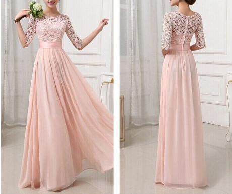 Lace And Chiffon Long Dress with Slit Brown main image 1