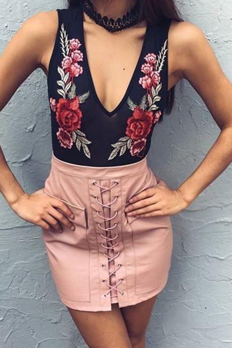 Sexy Rose Embroidery Jumpsuit Ds52314ew