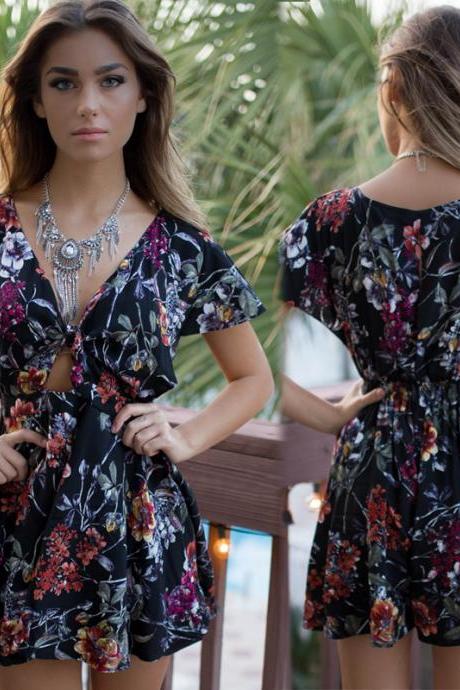 Sexy Short-sleeved Printed Dress