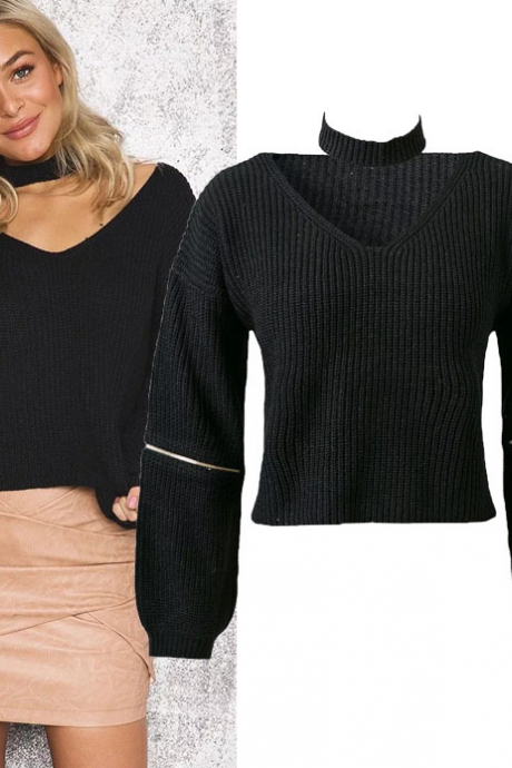 Knitted Warm Sweater Casual Loose Open Sleeve Zipper Jumper