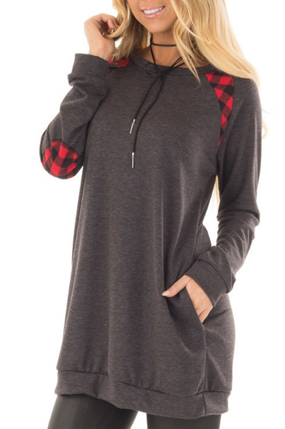 Round Neck Plaid Splicing Pocket Long-sleeved Sweater