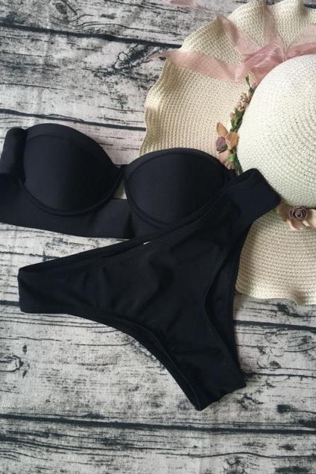 Solid Color Black Bikini Swimsuit