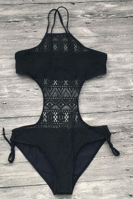 2018 Sexy Black Lace One Piece Swimwear