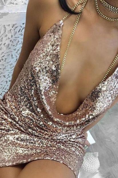 ! Front Draped Backless Halter Sparkle Women's Sequin Dress Shinny Mini Party Dresses Sleeveless Sexy Show Club Wear