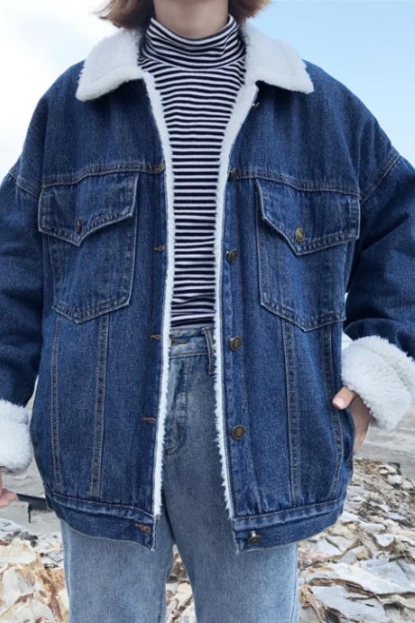 Winter Vintage Denim Jacket Women Thicken Lamb Fur Warm Fleece Jeans Womens Jackets Coat Boyfriend Windbreaker Parka 