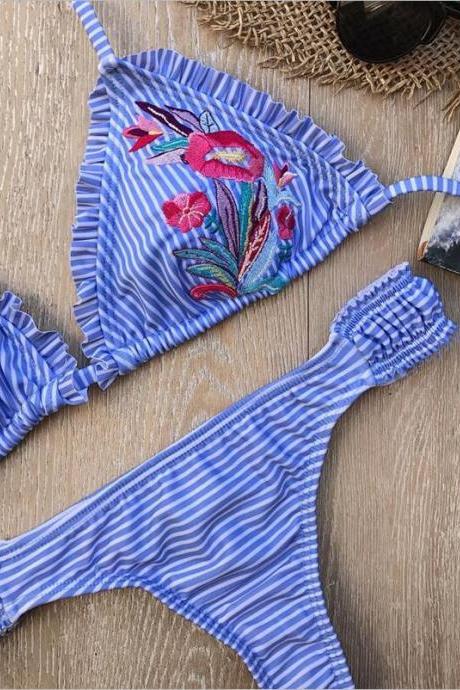 Swimsuit Summer Beach Swimwear Embroidery Stripes Print Sexy Bikini