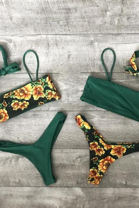 Summer Beach Swimsuit Swimwear Green Print Sexy Bikini