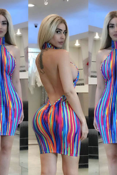 Sexy Slim Hanging Neck Stripe Backless Dress