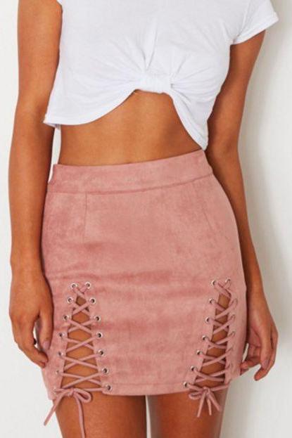 Sexy fashion Suede side lace up type hollow skirt