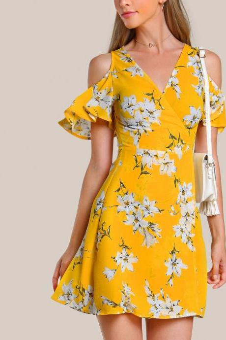 Slim Printing Off-the-shoulder Ruffled Dress