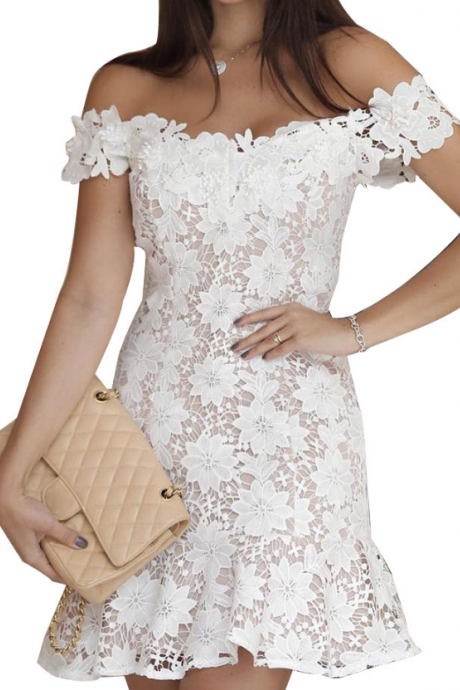 Sexy Lace One Word Collar Package Hip Dress