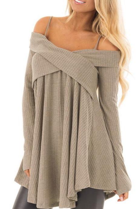 Solid Color Women's Sling Long-sleeved Knit Sweater
