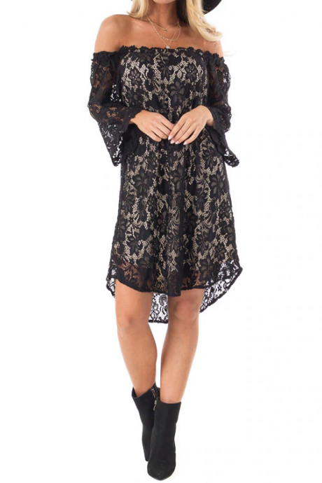 Sexy Lace One-neck Long-sleeved Hip Dress