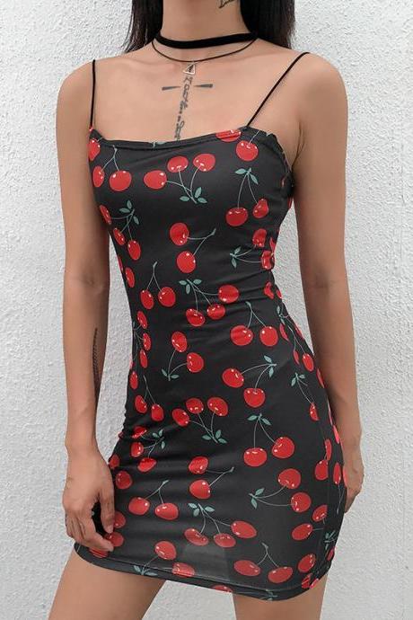 Sexy Cherry Print Sling Dress