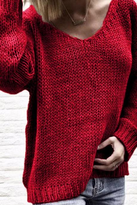 Large Size Loose Long Sleeve V-neck Off-the-shoulder Knit Sweater