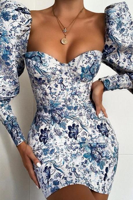 Fashion Printed Chest Wrapped Package Hip Slim Dress