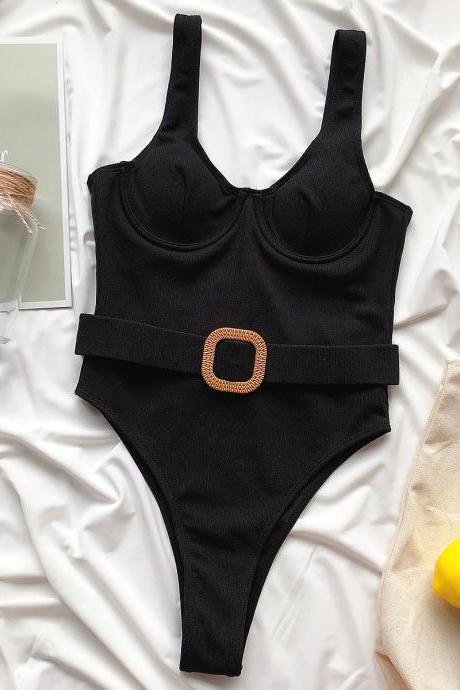 Design Solid Color Bikini One-piece Swimsuit
