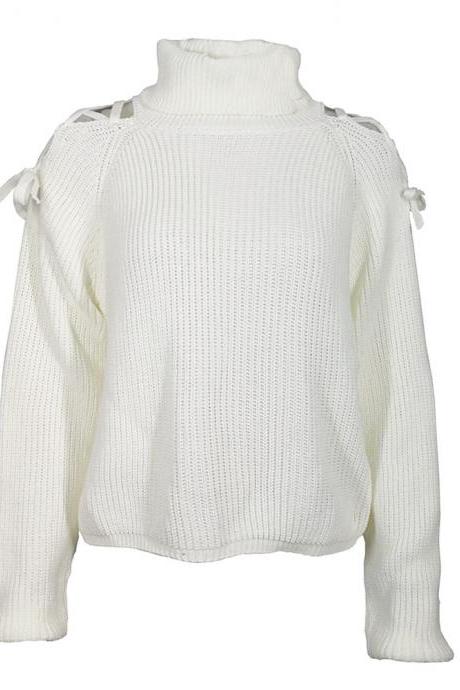 Striped High Neck White Knit Long Sleeve Sweater