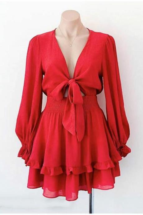 V-Neck Long Sleeve Puff Sleeve Solid Color Dress