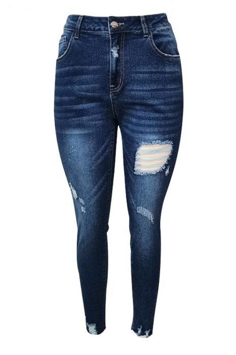 Women&amp;#039;s Hole Elastic High Waist Slim Jeans