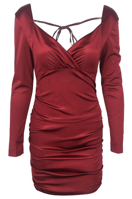 Long Sleeve Solid Color Backless V-Neck High Waist Dress