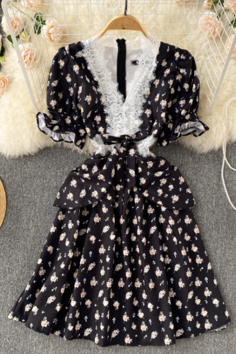 Vintage Lace Chiffon Floral Dress