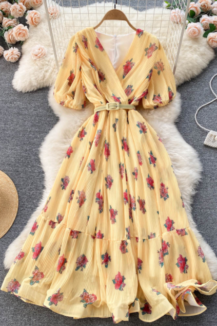 Elegant Short Sleeve Floral Chiffon Dress