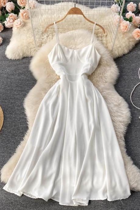 Solid Color White Backless High Waist Sling Dress