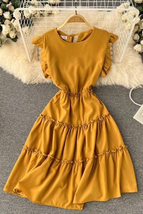 Solid Color Sweet Round Neck High Waist Dress