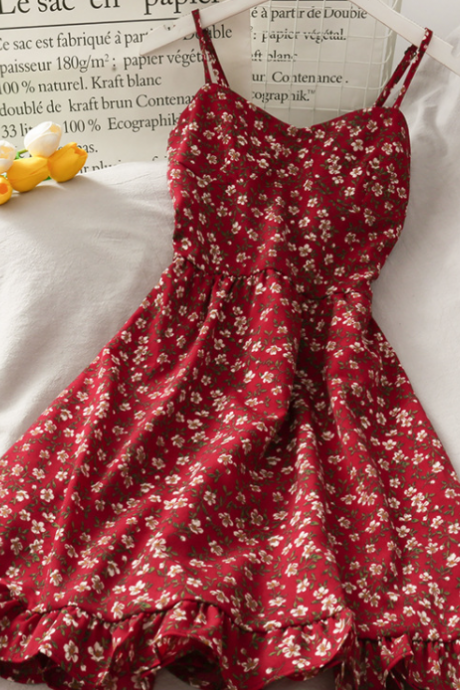 Sling Floral High Waist Ruffle Print Dress