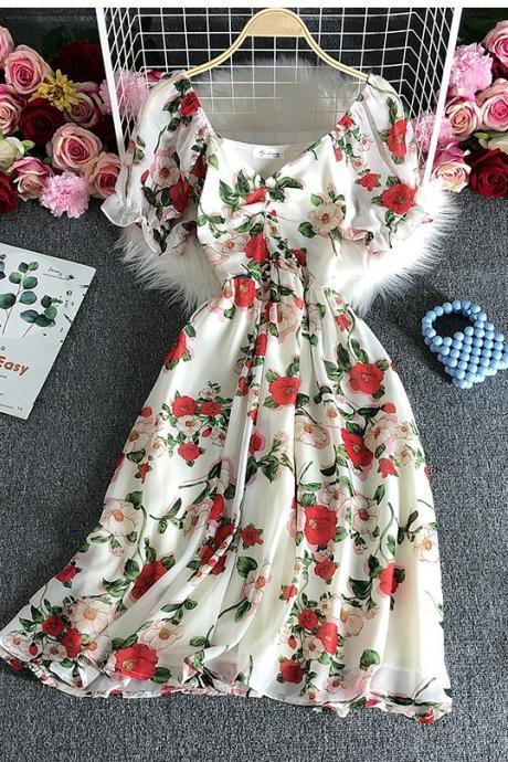 Temperament Short Sleeve High Waist Floral Chiffon Dress