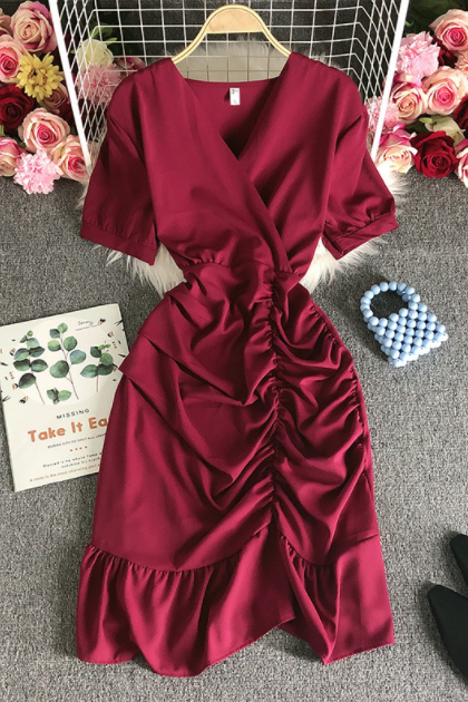 Solid Color V-neck High Waist Short Sleeve Dress