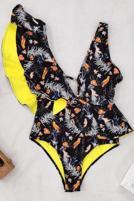 Sexy High Waist Printed One Piece Ruffled Backless Swimsuit
