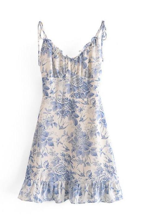 Women's Floral Printed Slim Fit V-neck High Waist Slip Dress
