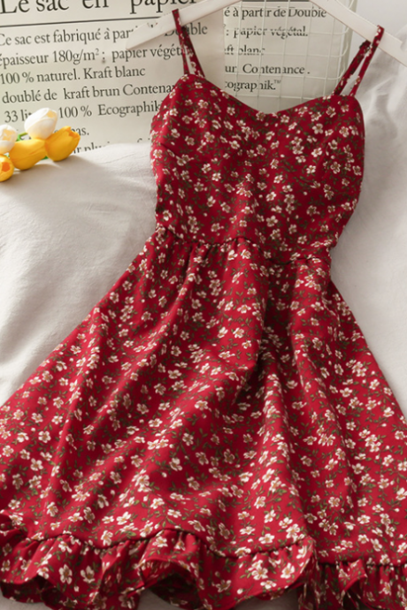 Vintage Floral High Waist Sling Ruffle Print Dress