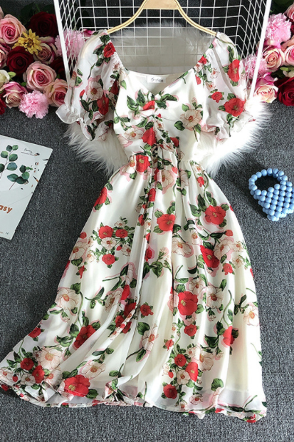 Temperament Short Sleeve High Waist Floral Chiffon Dress