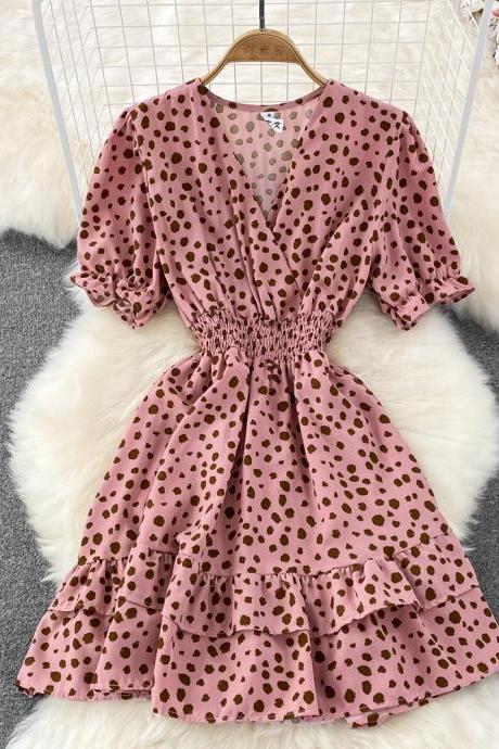 Sweet Temperament V-neck Puff Sleeve Leopard Print Dress