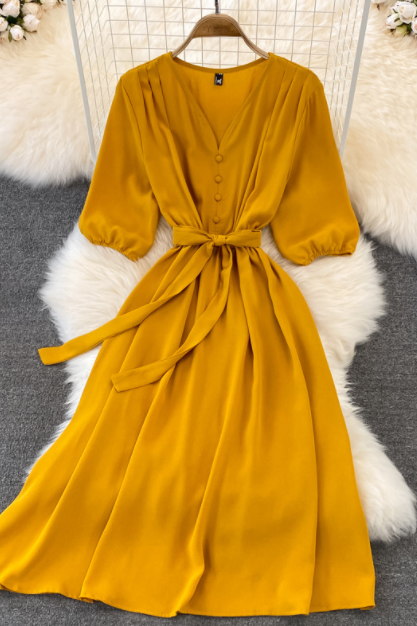 Solid Color Temperament V-neck High Waist Dress