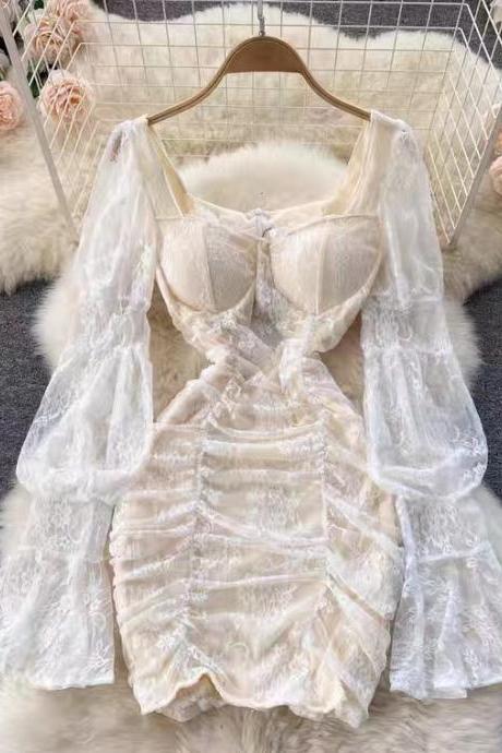 Temperament Square Collar Dress Sweet Wind Lace Perspective Lantern Sleeve Waist Dress