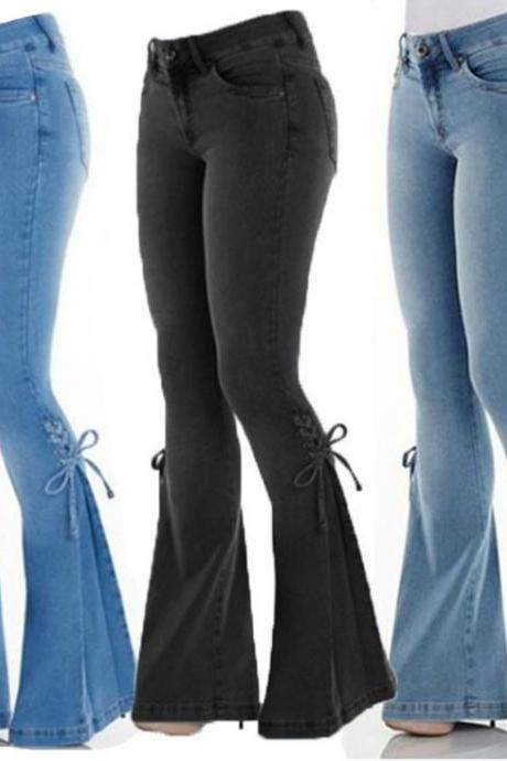Bandage Mid Waist Casual Streetwear Skinny Long Denim Pants