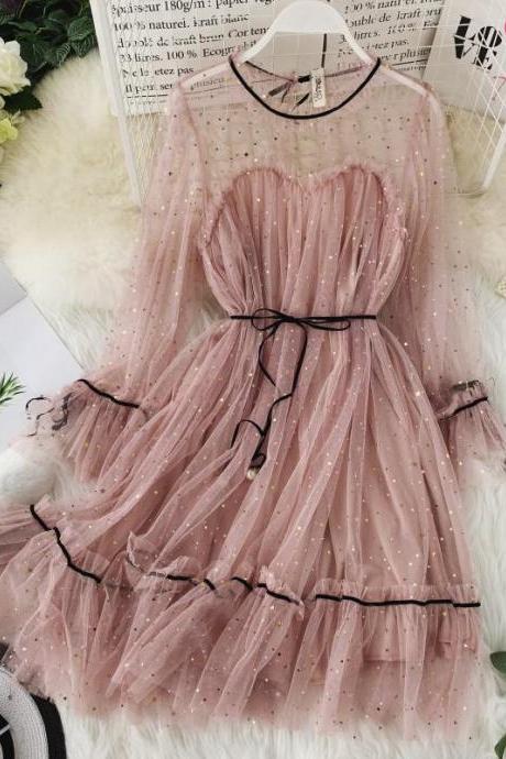 Sequins Gauze Dresses Flare Sleeve Lace-up Princess Female Elegant Chrismas Mesh Puff Dresses
